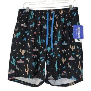 Tipsy Elves‎ Swim Trunks Men’s Size Sombrero Cactus Piñata Lined Black Pink